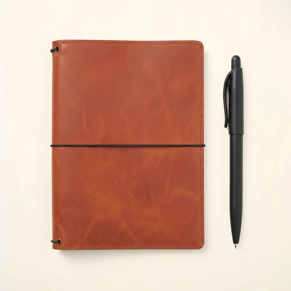 Handmade leather journal organizer with practical pockets and three refillable elastic notebook loops.