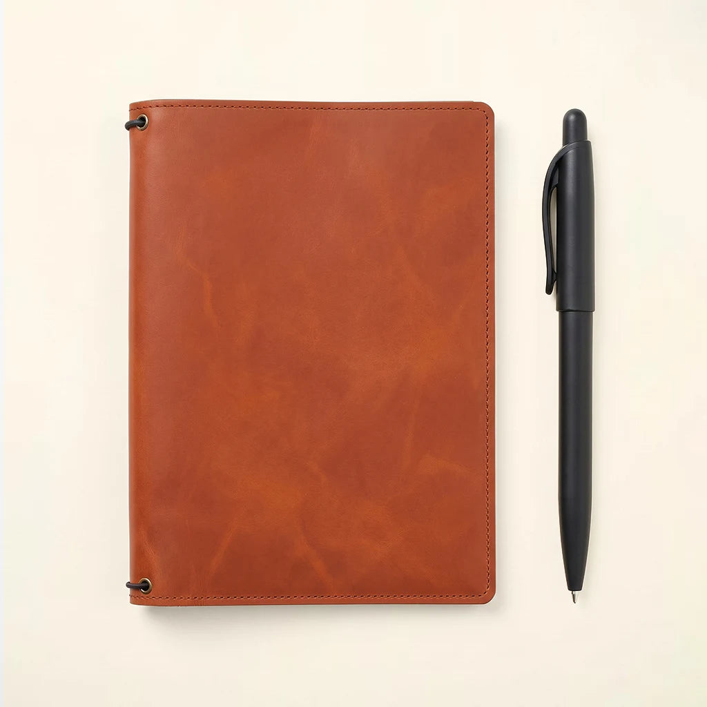 Leather travel journal cover with three elastics and organized inner pockets.