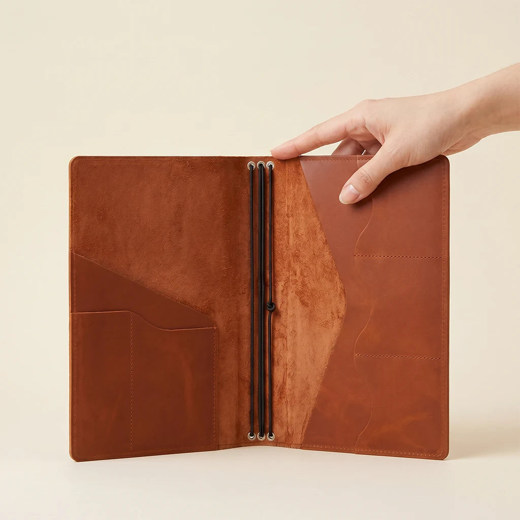 Full grain leather journal organizer with practical compartments and elastics.