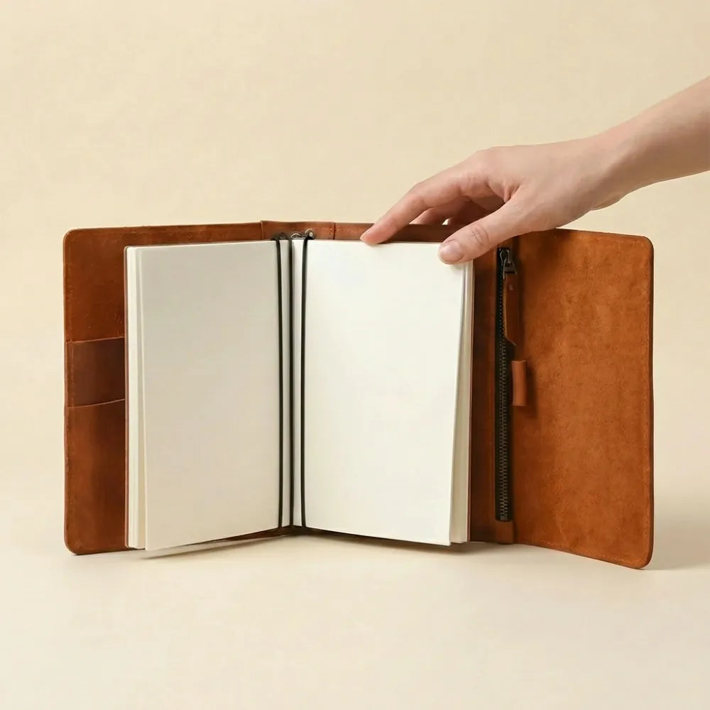 Handcrafted leather notebook cover with secure elastics and pen loop.
