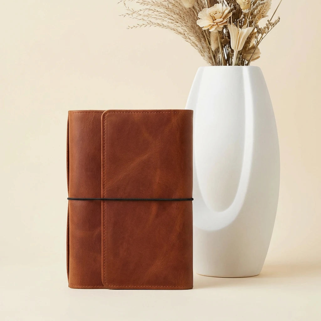 Brown leather notebook next to a white vase with dried flowers on a beige background