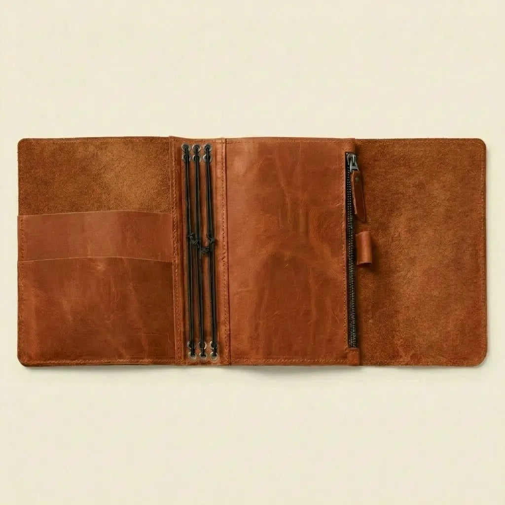 Premium leather organizer cover with pockets and notebook insert bands.