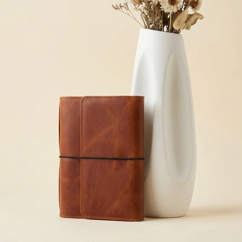 Brown leather notebook next to a white vase with dried flowers on a beige background