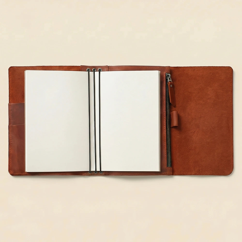Durable leather cover for notebooks with pockets and pen loop.