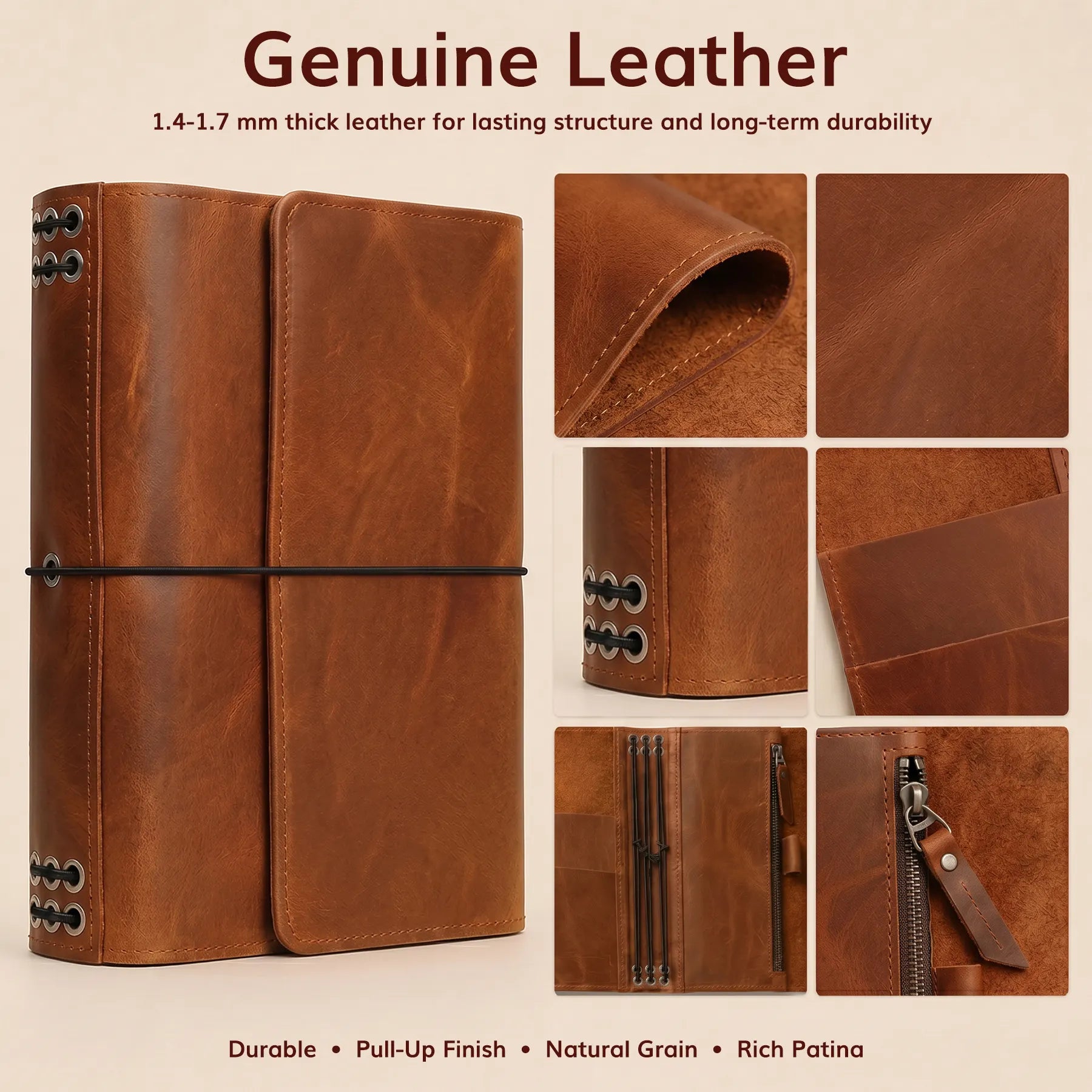 Leather notebook cover with refillable insert system, elastic bands, and multifunctional interior pockets.