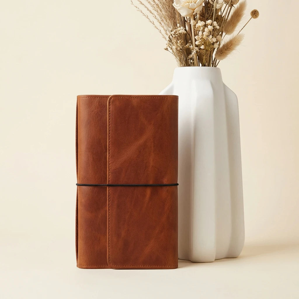 Brown leather notebook next to a white vase with dried flowers on a beige background