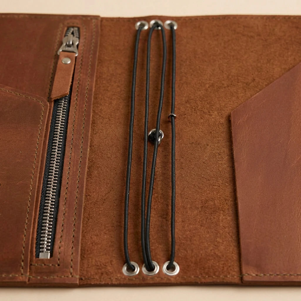 Brown leather journal with zipper pocket and lanyard on a beige background