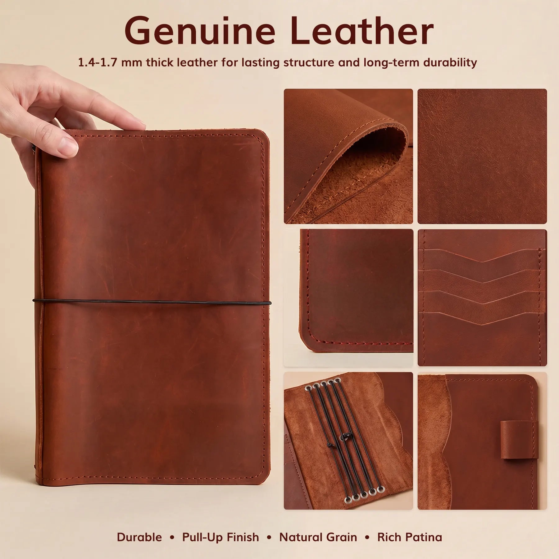 Stylish leather notebook organizer featuring elastic straps, interior compartments, and durable genuine leather construction.