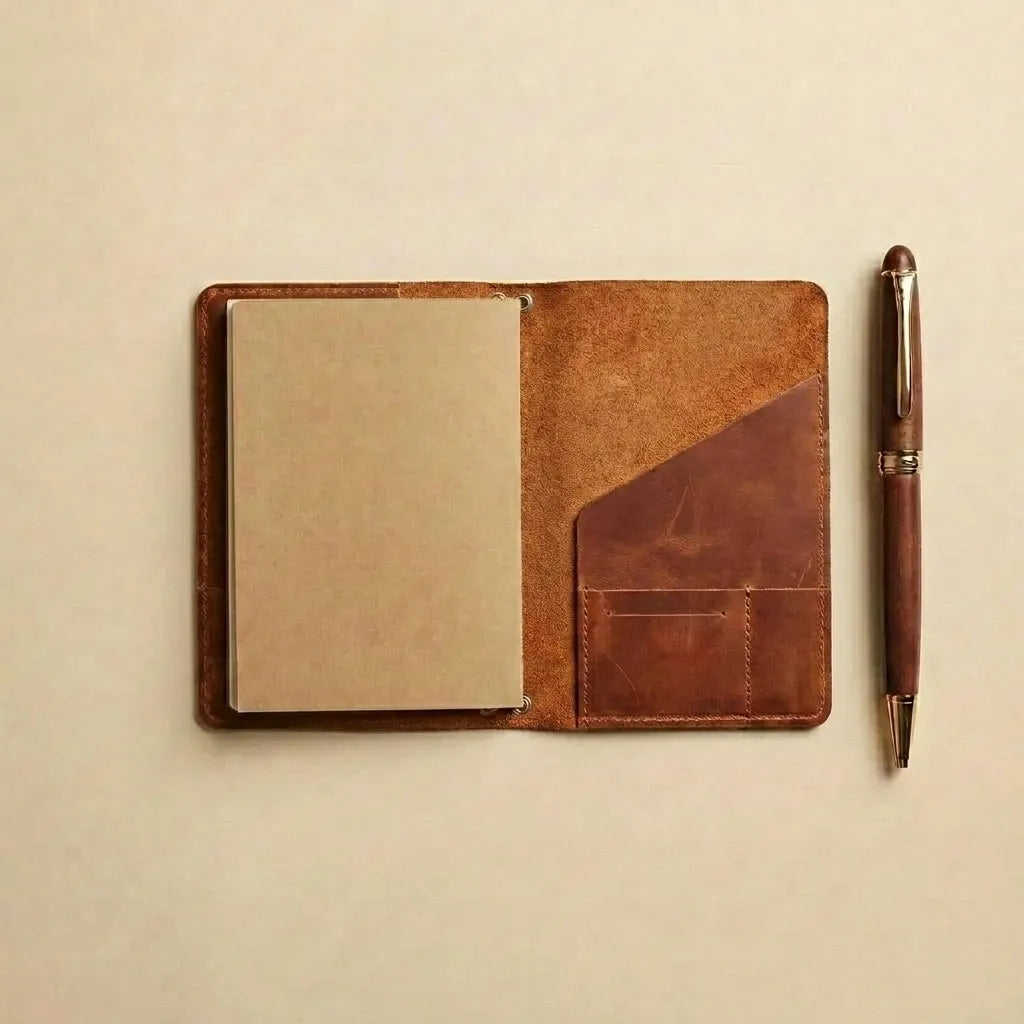 Genuine leather journal cover featuring pockets, pen holder, and elastics.