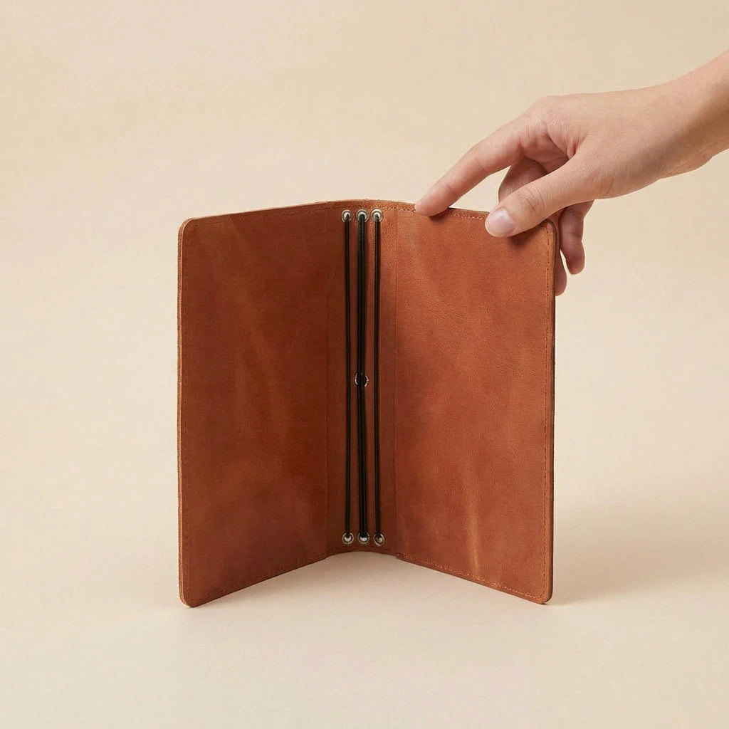 Brown leather journal cover held open by a hand on a beige background