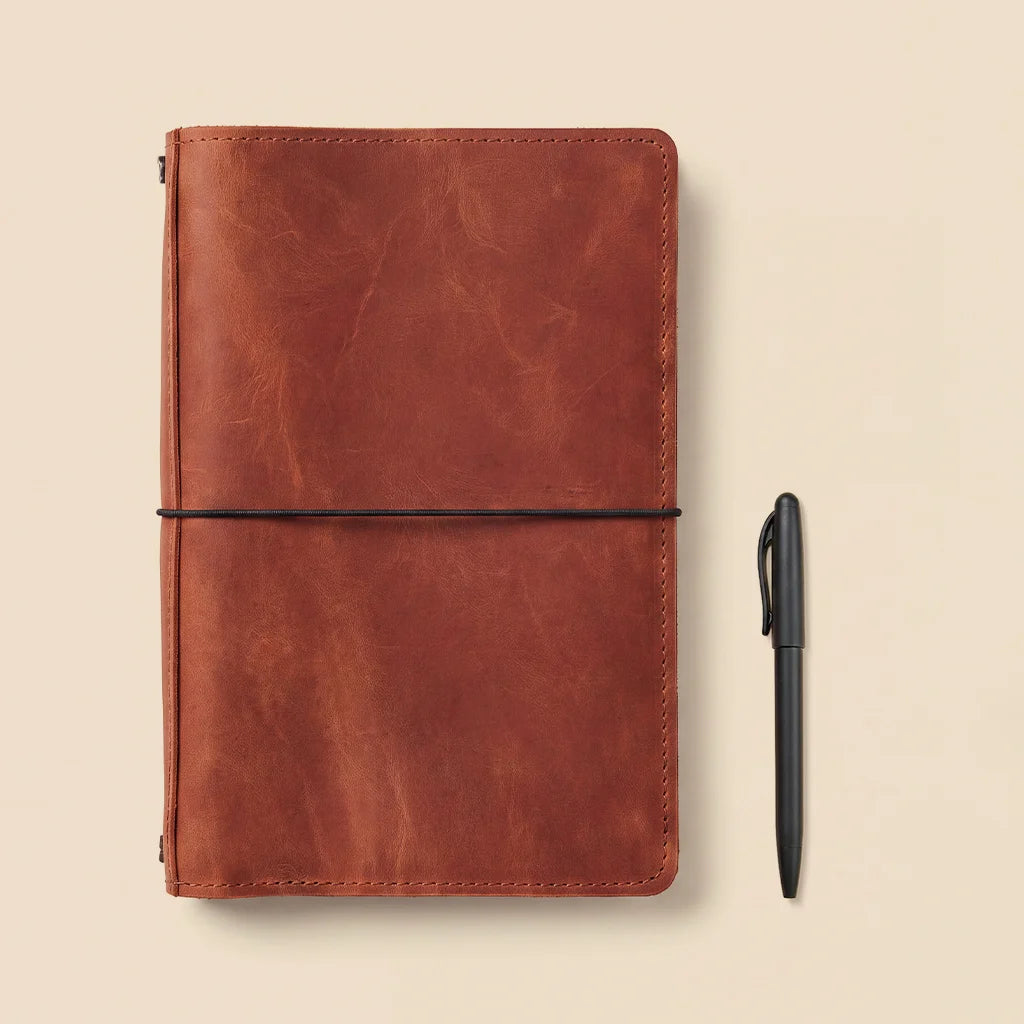 Elegant leather notebook cover with organized storage sleeves and refillable insert elastics.