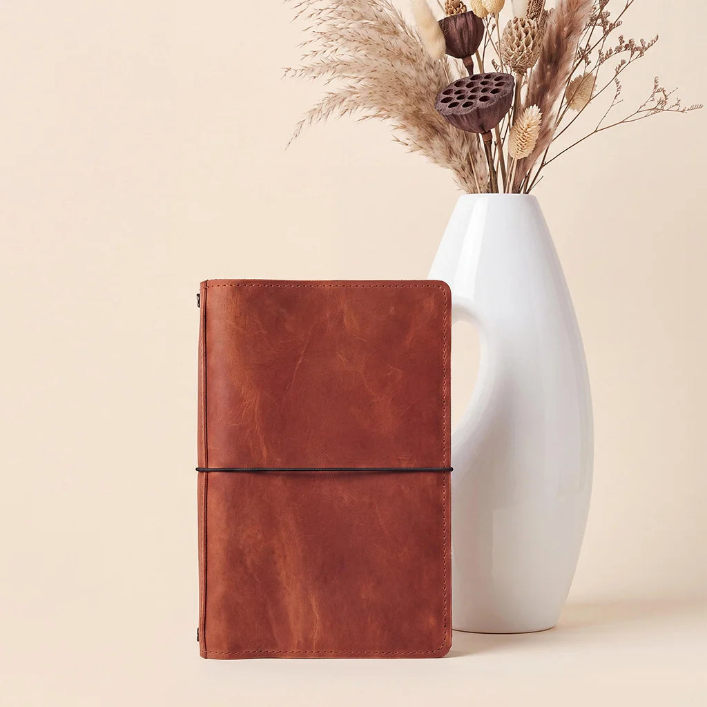Elegant leather planner cover with premium interior organization and flexible notebook elastics.