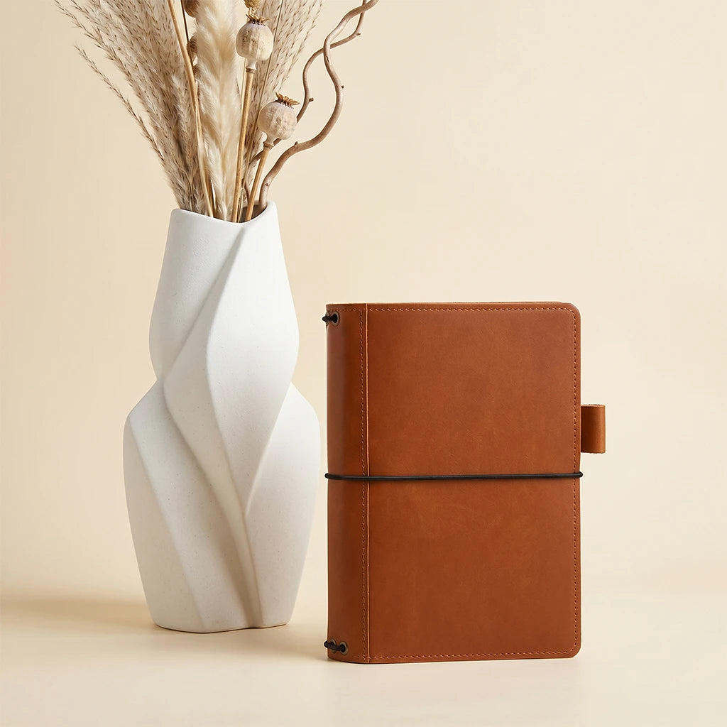 Leather notebook case designed with interior storage and elastic notebook support