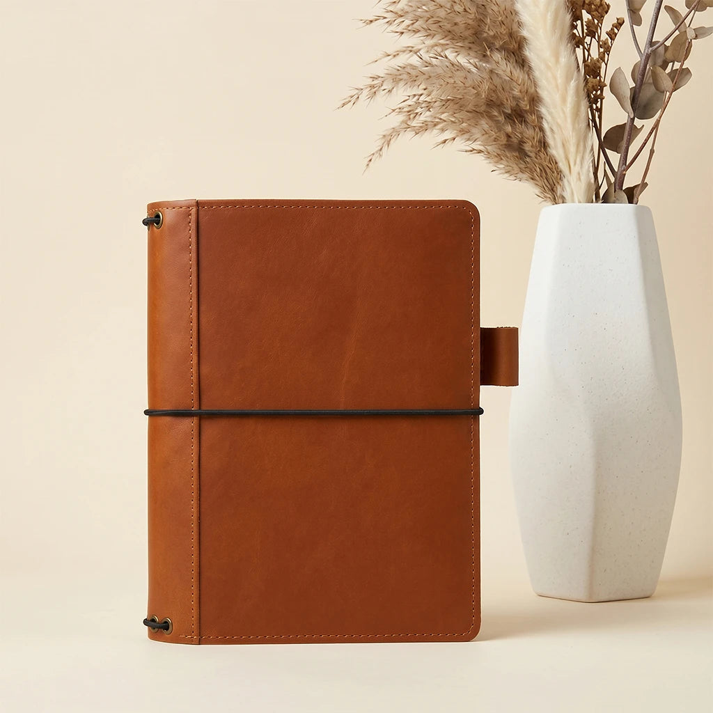Leather notebook wrap designed with organizer pockets and elastic insert cords