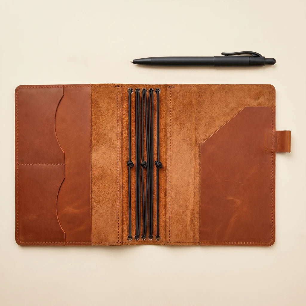 Handmade leather notebook holder with internal pockets and pen loop