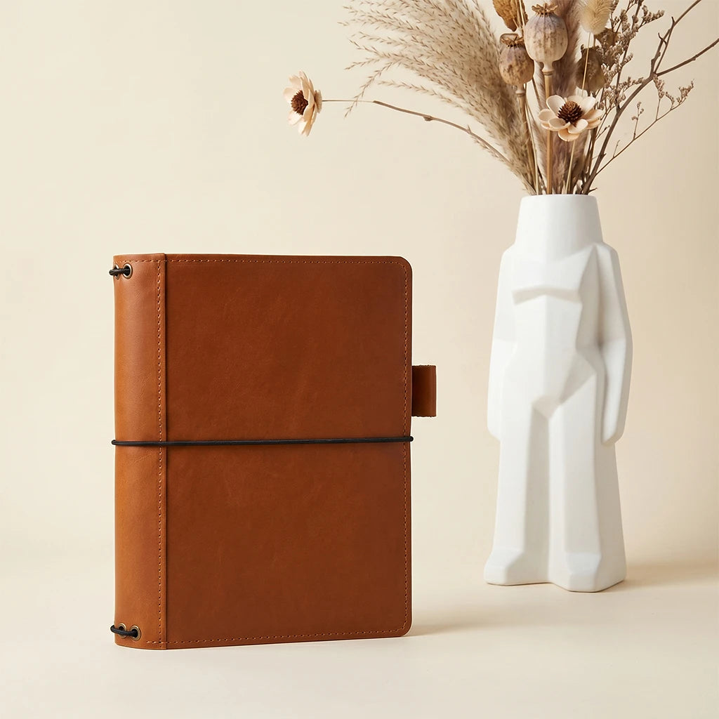 Leather notebook wrap with five elastic bands and organizer compartments