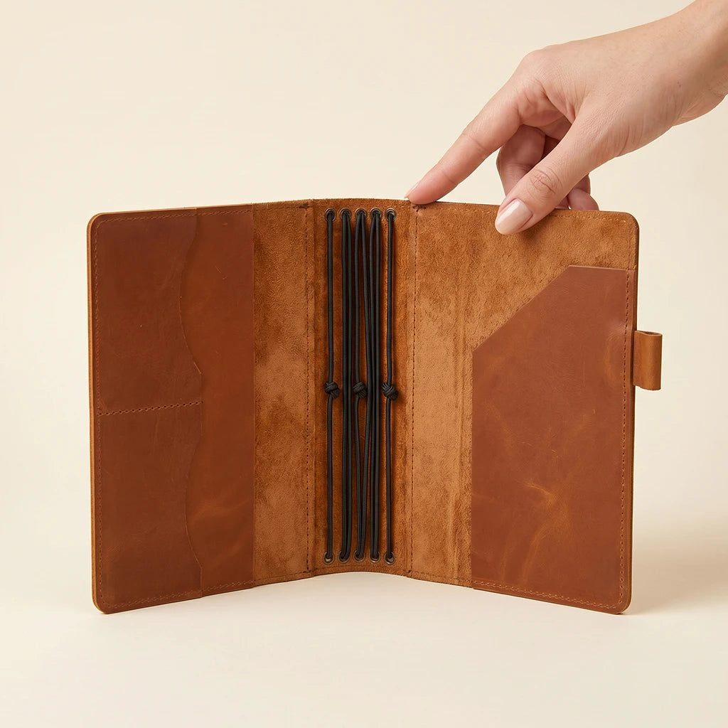 Elegant leather journal cover with secure elastic system and storage pockets
