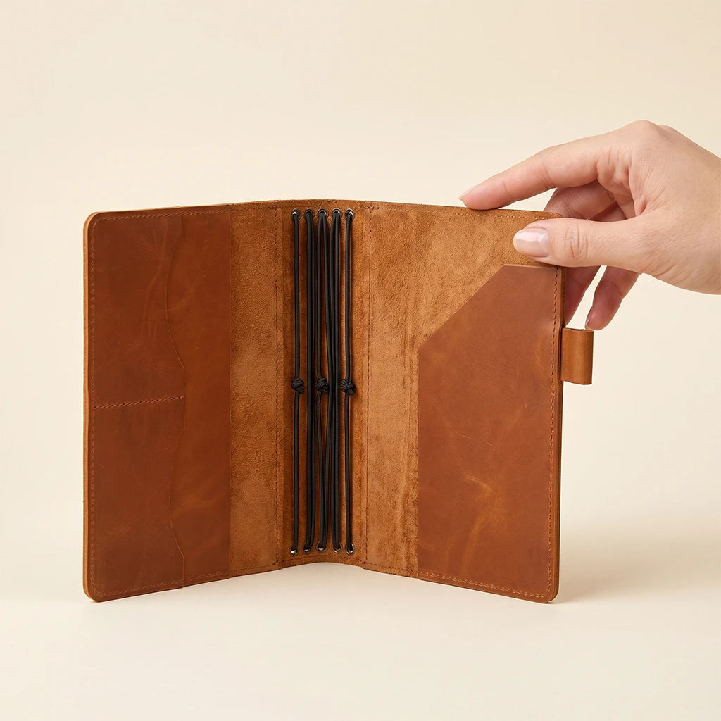 Refillable leather notebook cover with five elastics and practical inner pockets