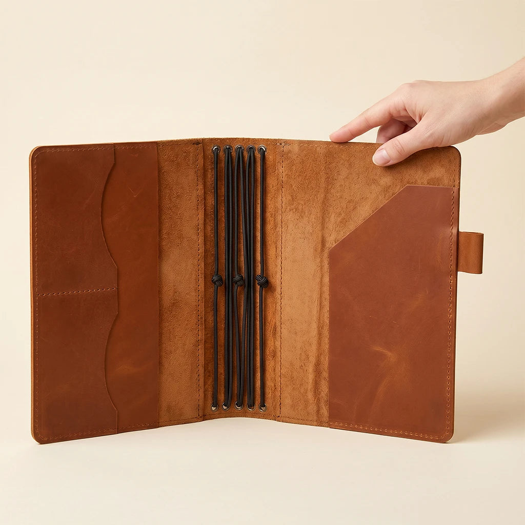 Leather journal wrap featuring interior storage pockets and pen holder detail