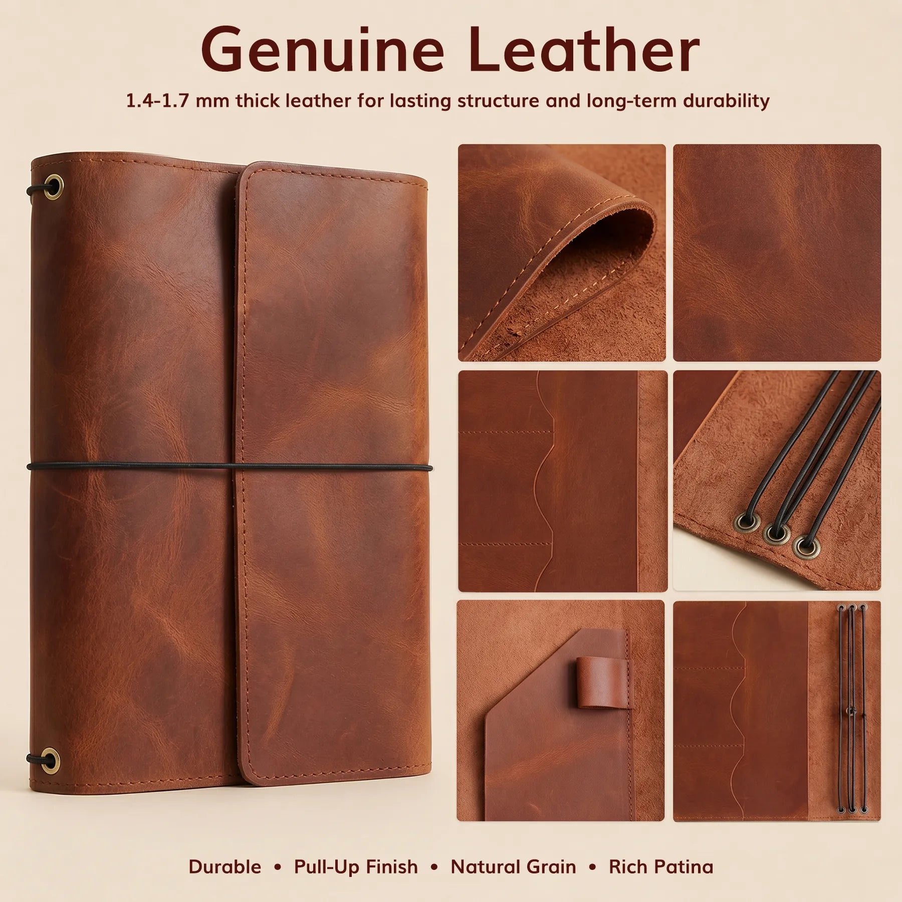 Leather notebook holder with elastic closure, pen loop, and custom engraving