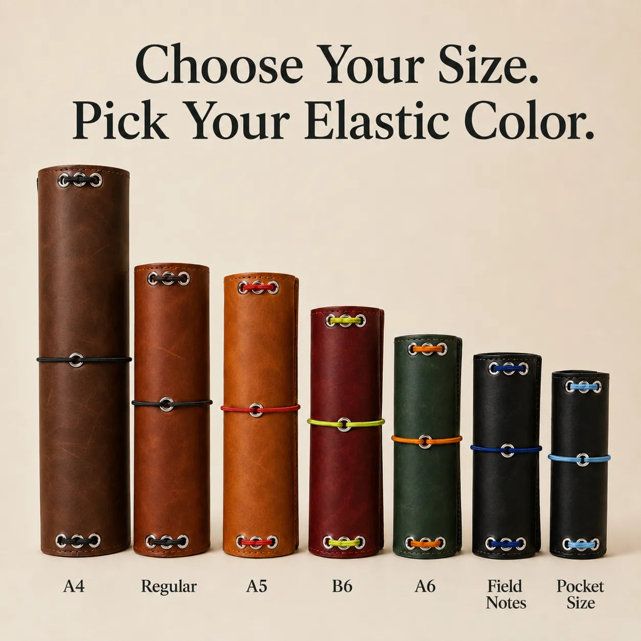 Functional leather notebook cover featuring pockets, pen loop, and elastics.
