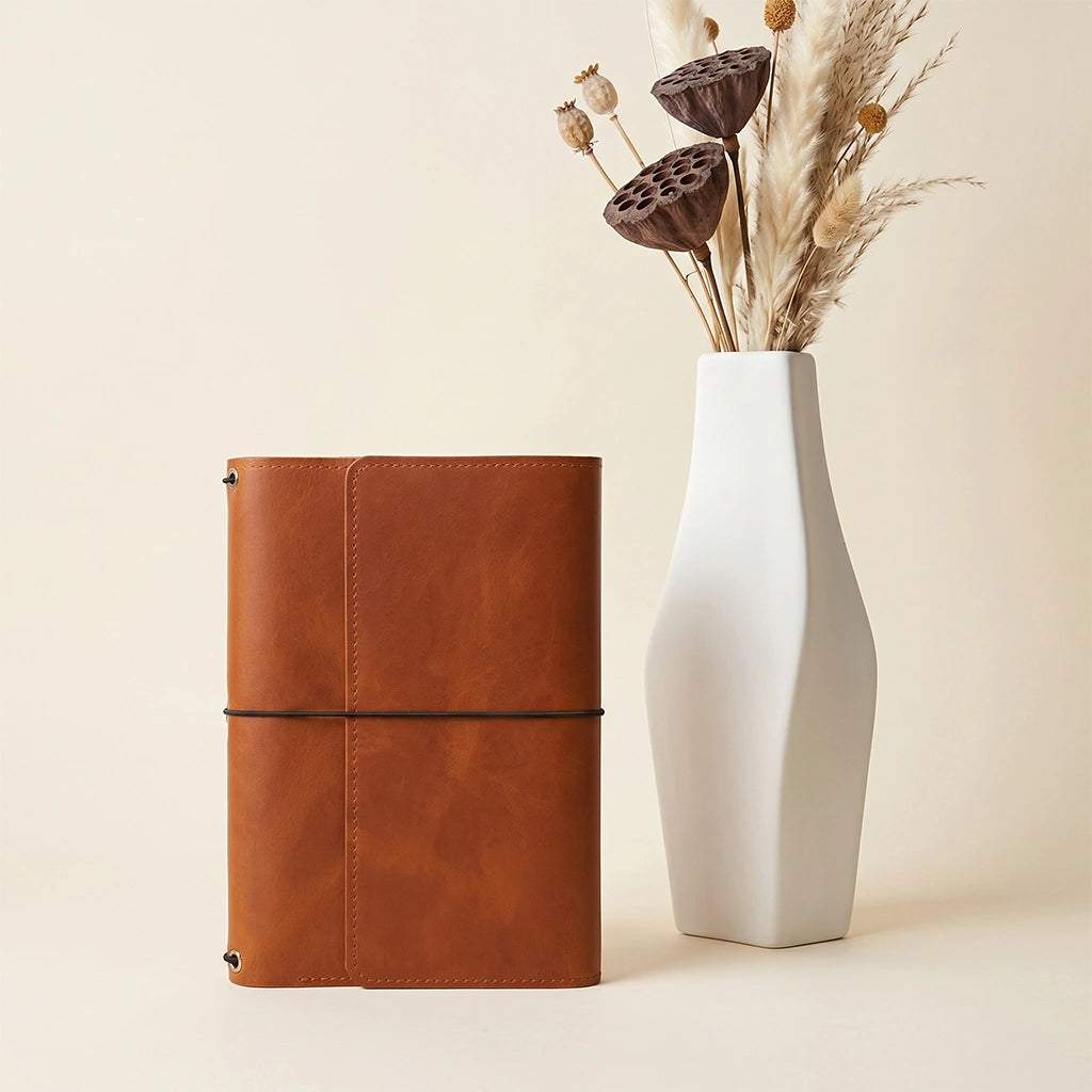 Handmade refillable journal cover crafted from premium leather with secure notebook retention.