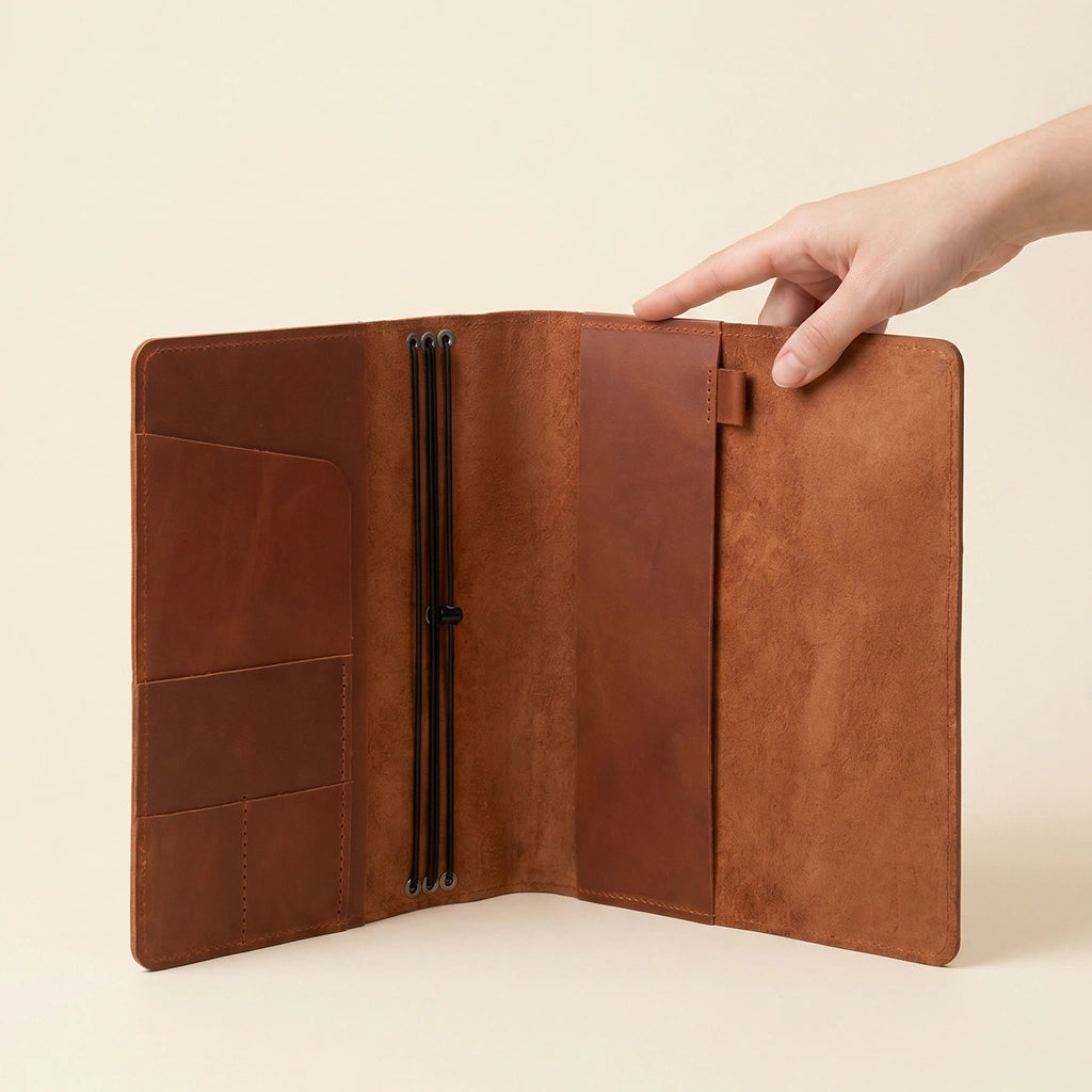 Leather notebook protector featuring interior organization for cards, notes, and writing accessories.