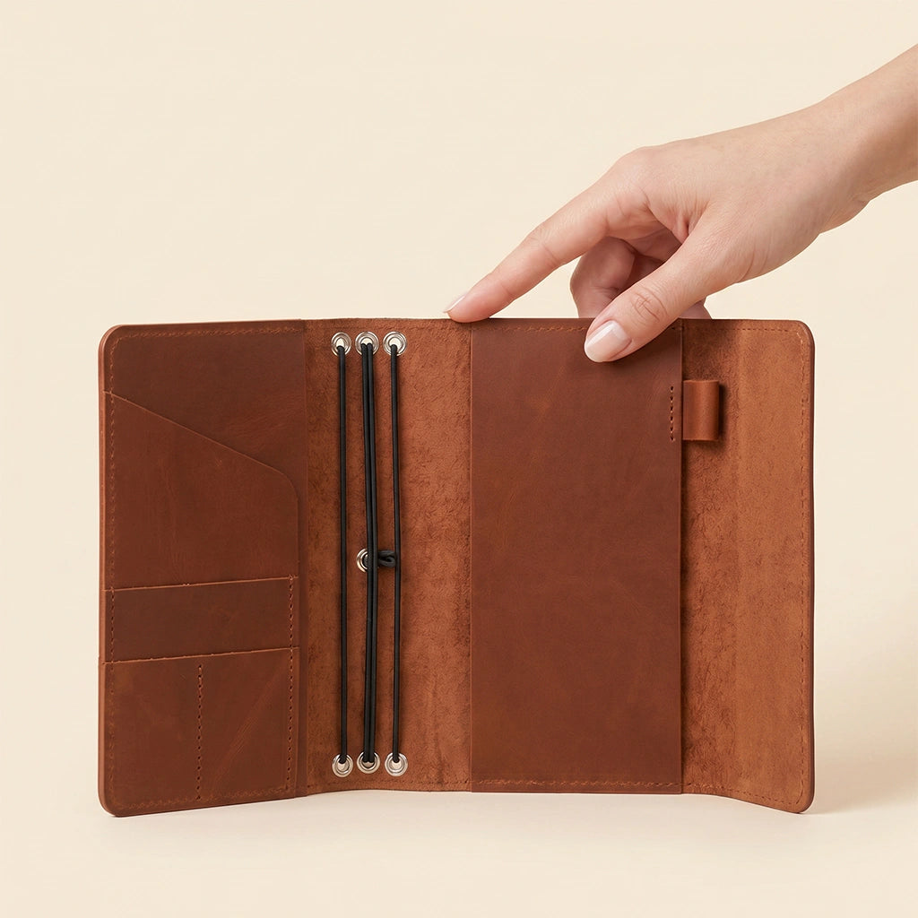 Leather notebook holder with practical storage layout for cards, notes, and accessories.