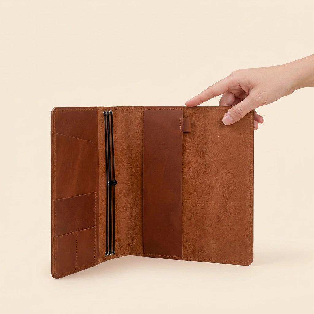 Natural leather notebook organizer featuring multiple compartments for cards and documents.