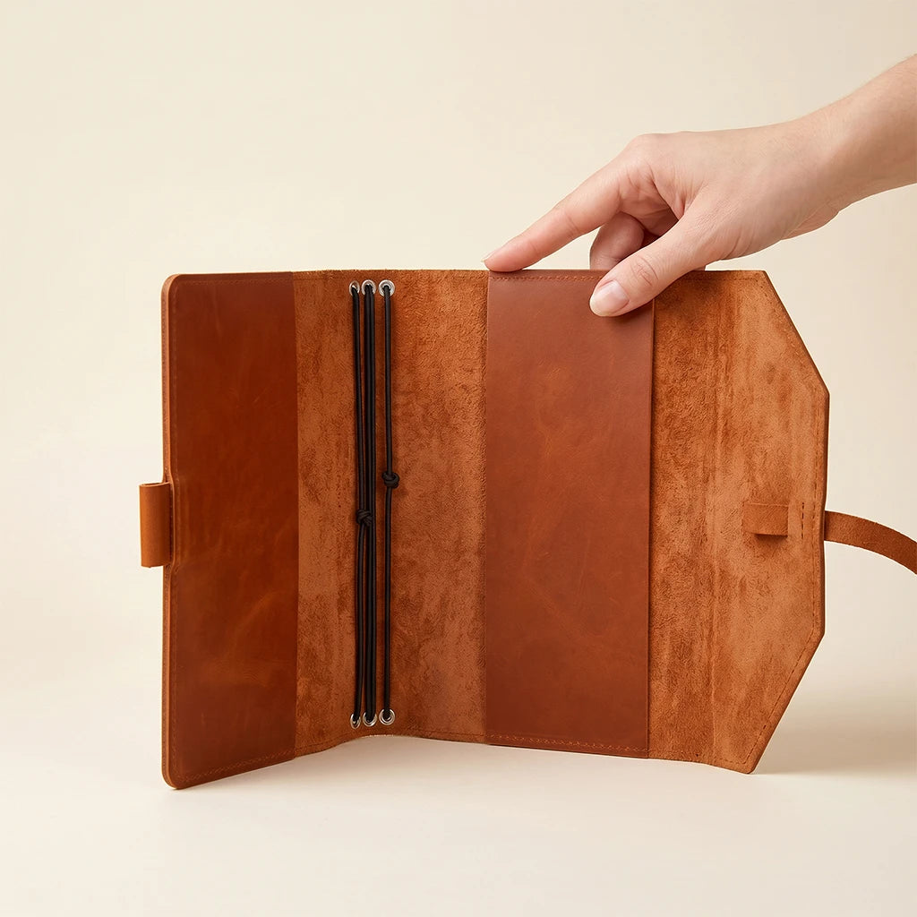 Genuine leather notebook cover with simple design and practical pen loop.