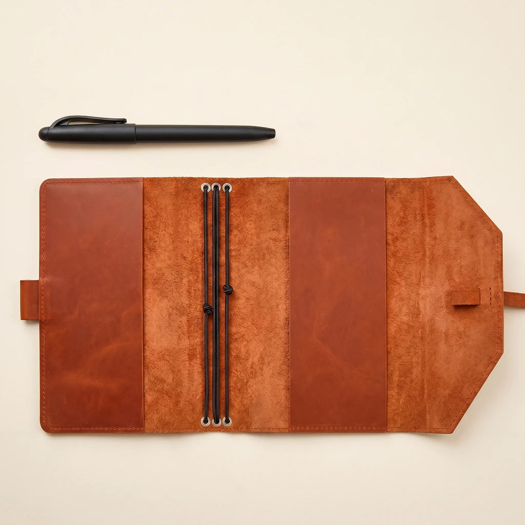 Leather notebook cover with minimalist design, elastic bands and pen loop.