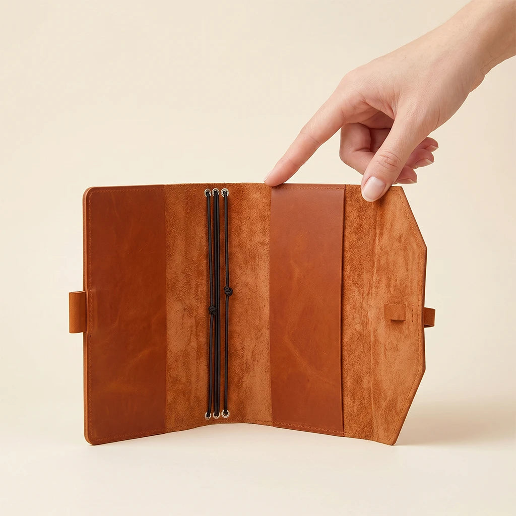 Minimalist leather journal cover with elastic straps and secure pen loop.
