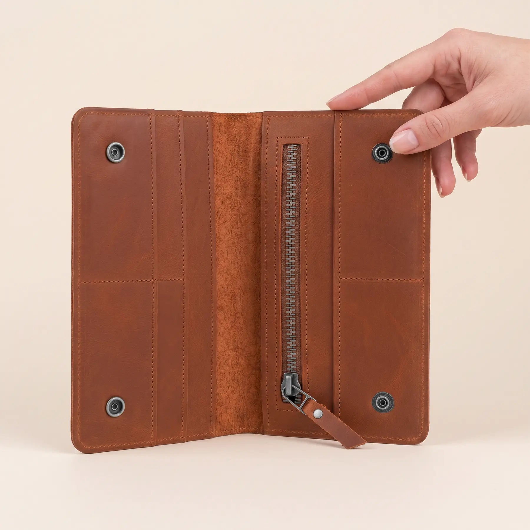 Premium leather wallet featuring card organizers, bill pockets, zipper compartment, and classic snap closure.