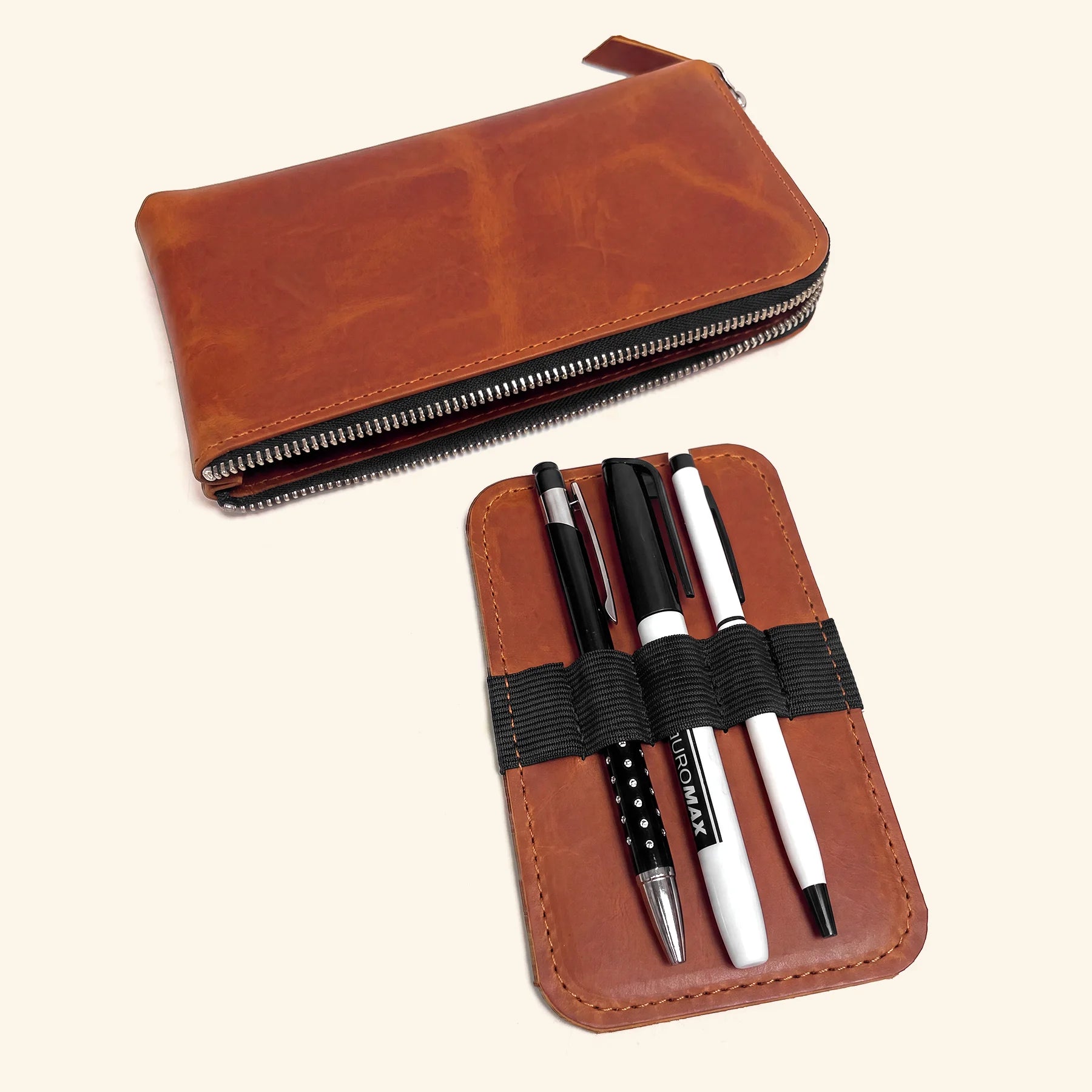 Genuine leather zip storage case for carrying pens in style every day.