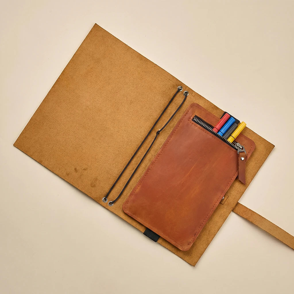 Leather notebook storage pocket for receipts, cards, and planner accessories