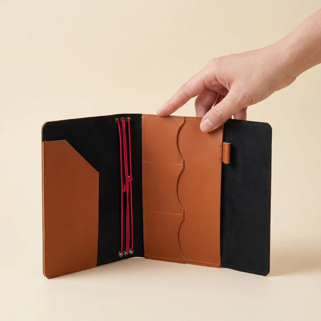 Refillable leather notebook cover with elastic closure, organizer pockets, and pen loop