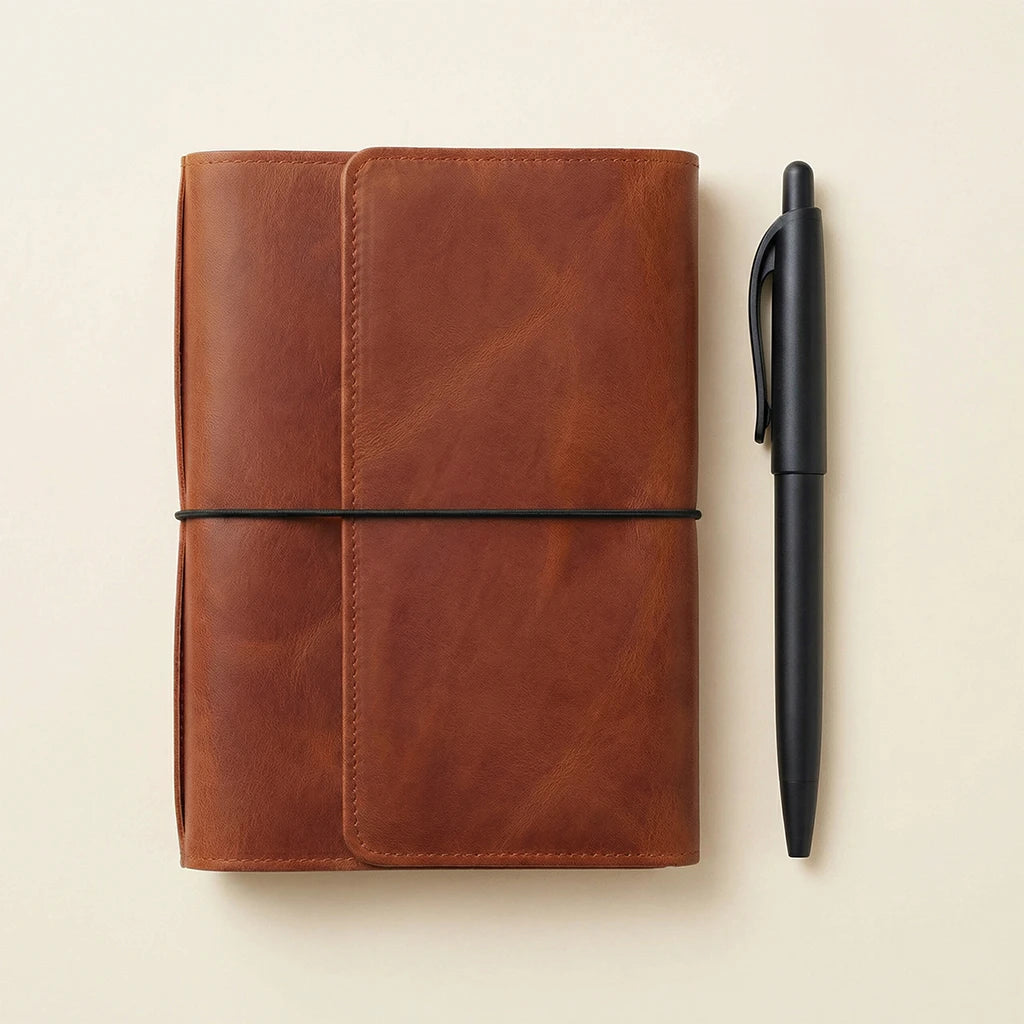 Brown leather notebook with a black pen on a beige background
