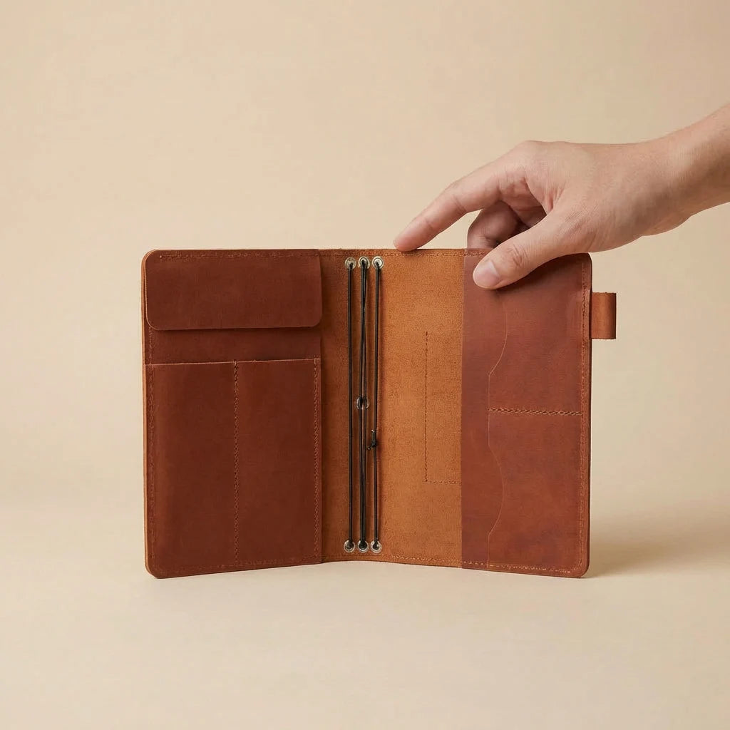 Brown leather journal cover held open by a hand on a beige background