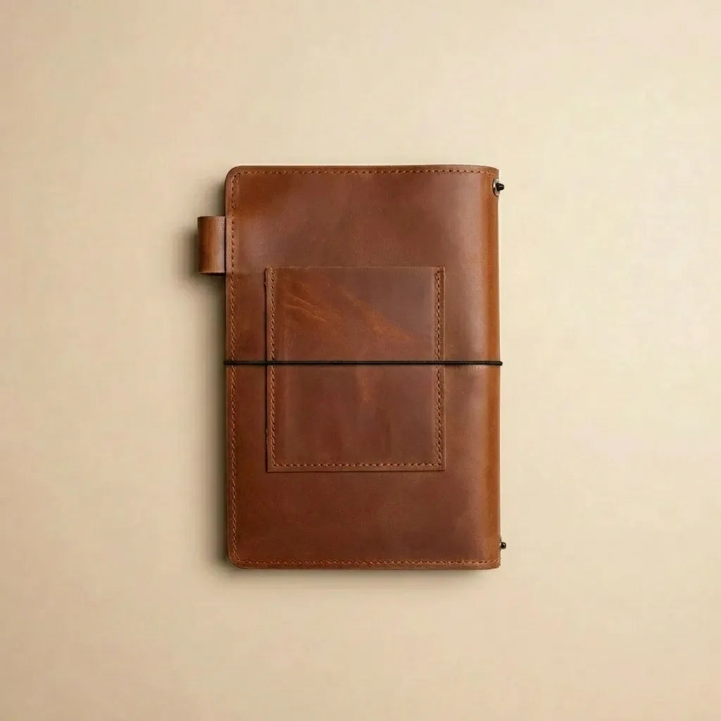 Handcrafted leather notebook case with elastic straps