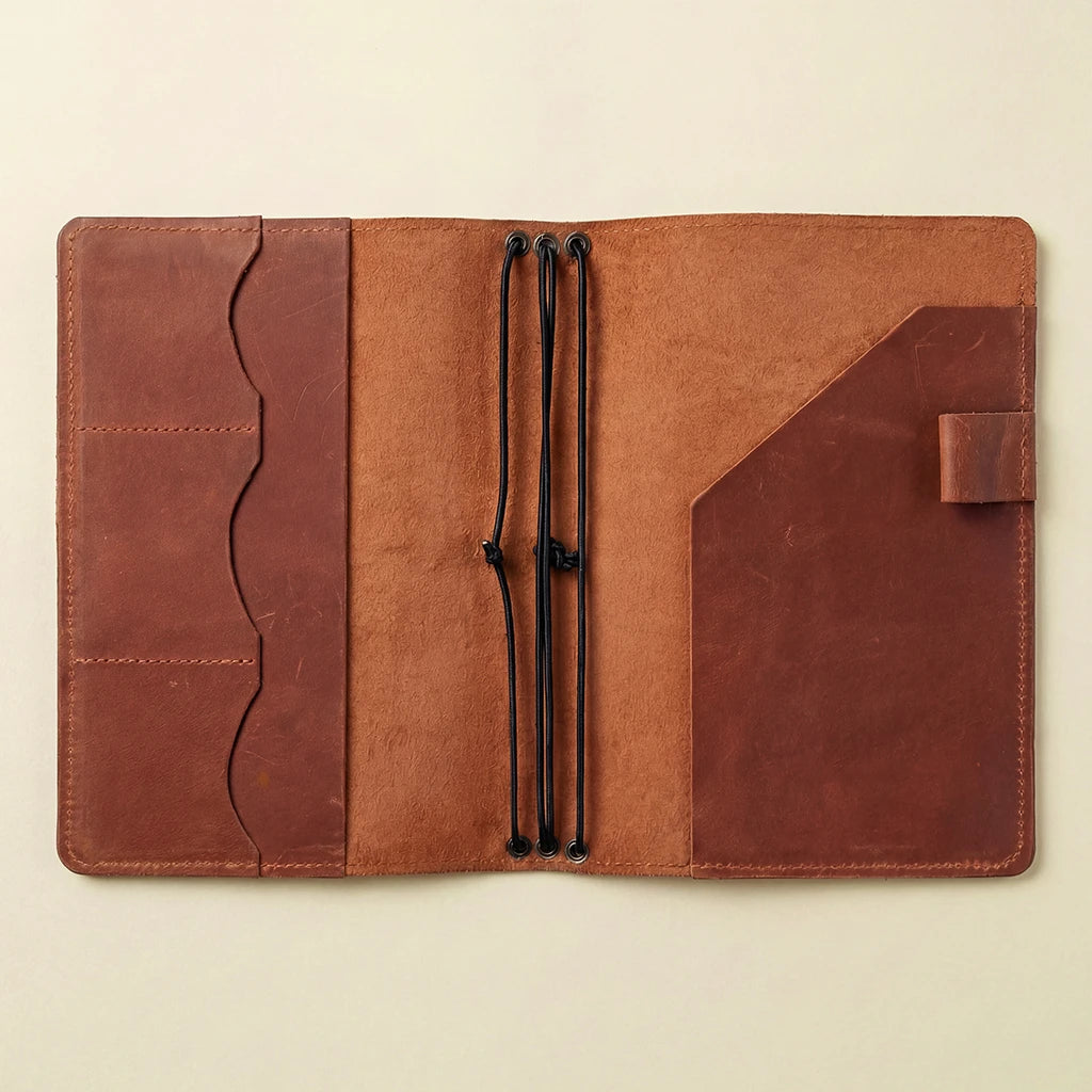 Brown leather case with a strap on a beige background