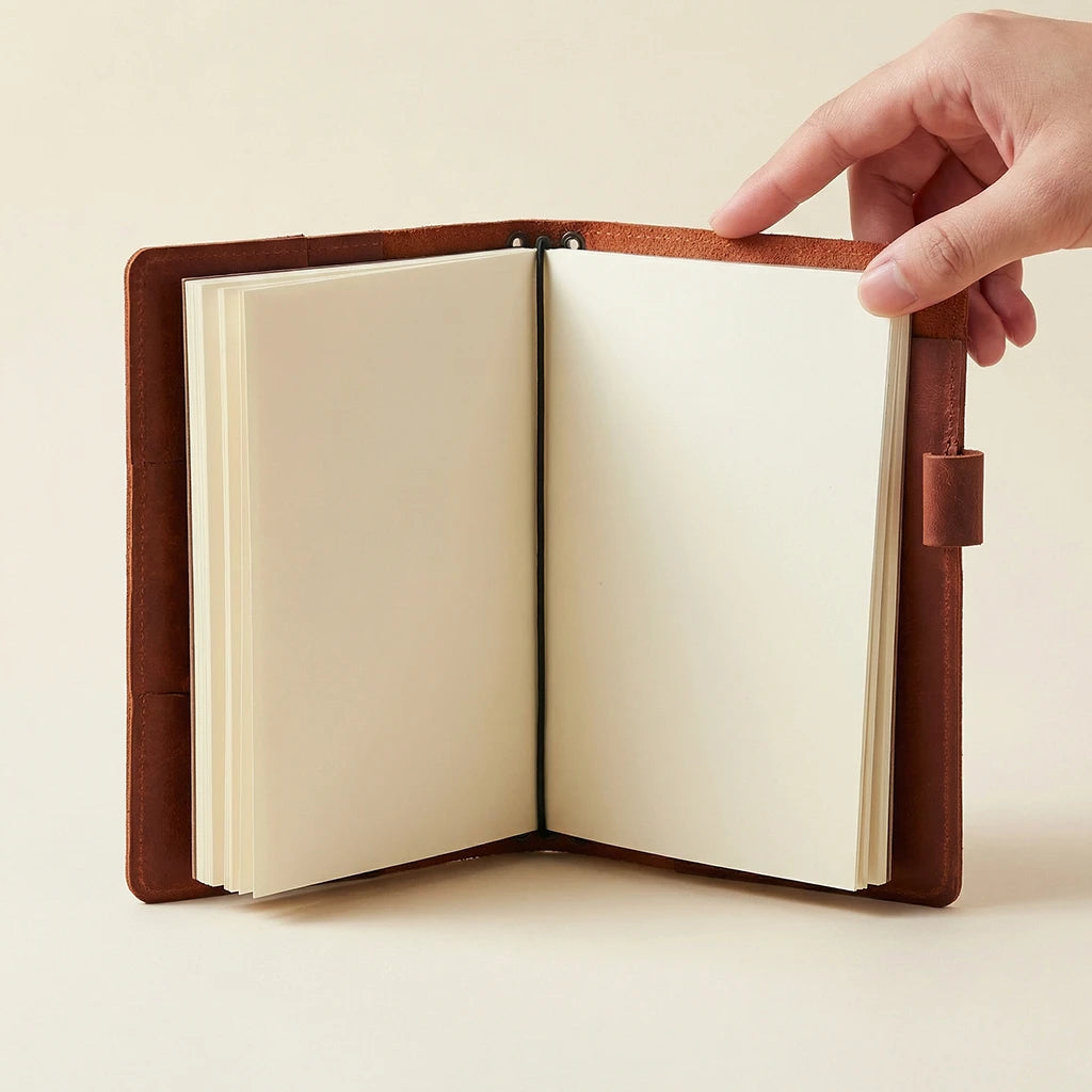 Hand holding a brown leather-bound notebook with cream pages on a beige background
