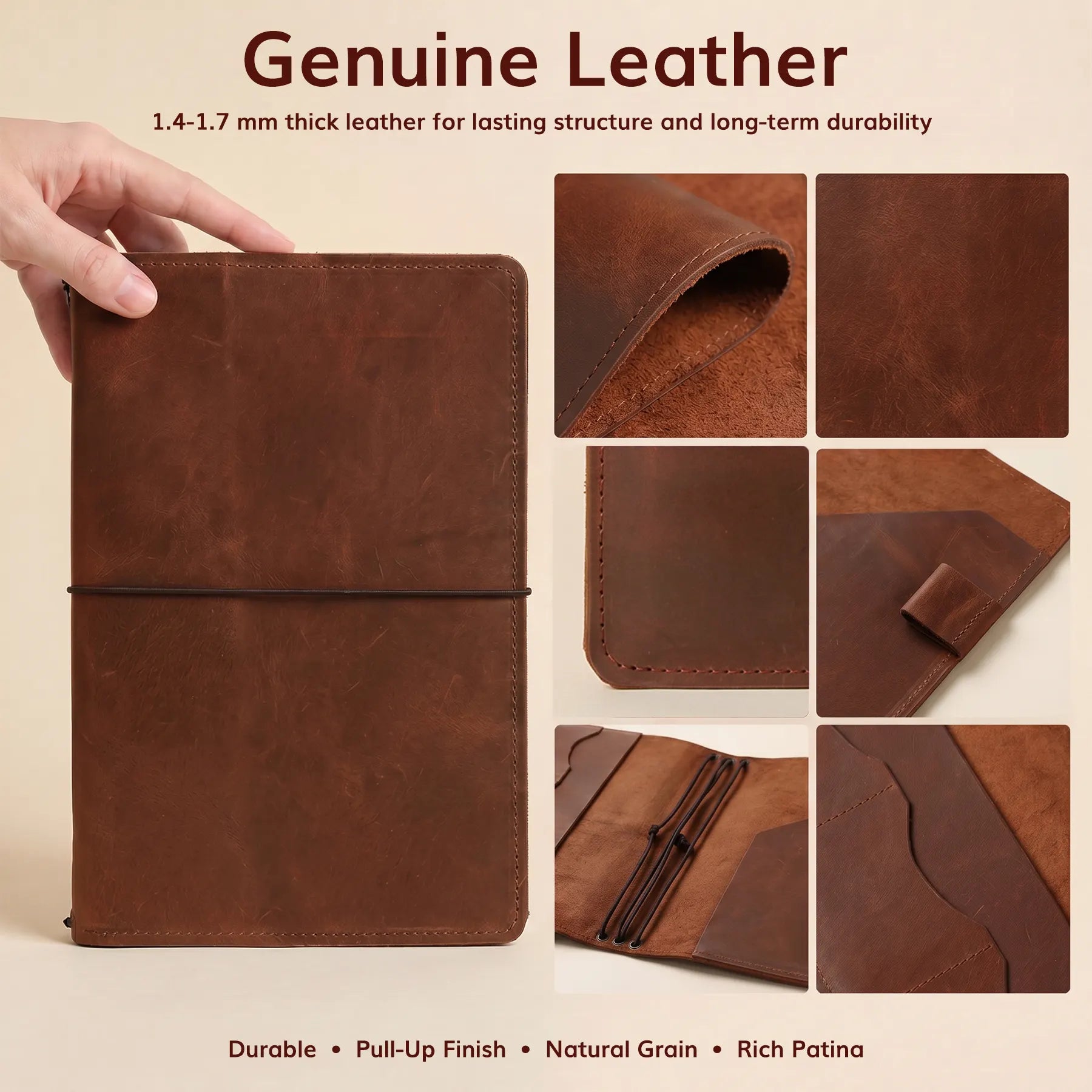 Handmade leather travel notebook cover with elastic organizers, card pockets, and premium leather texture.