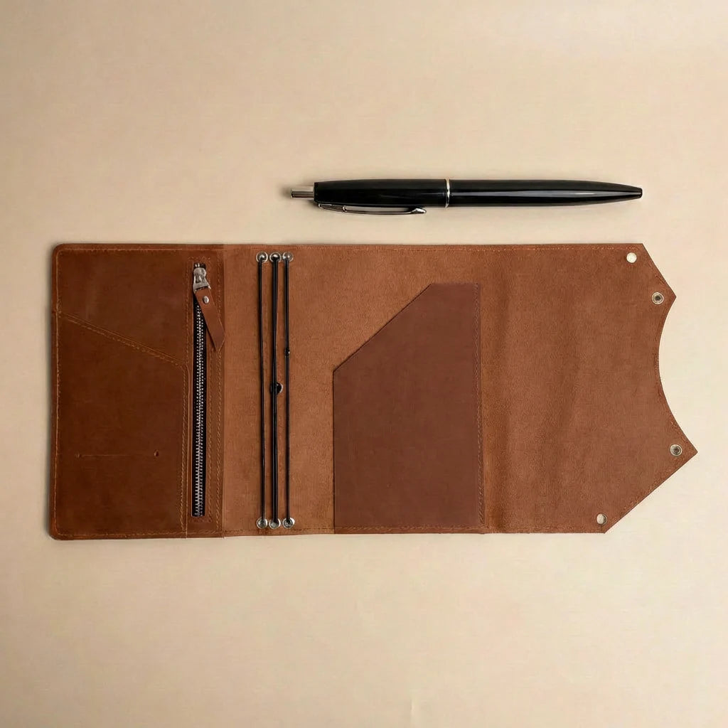 Brown leather journal cover with pen on a beige background