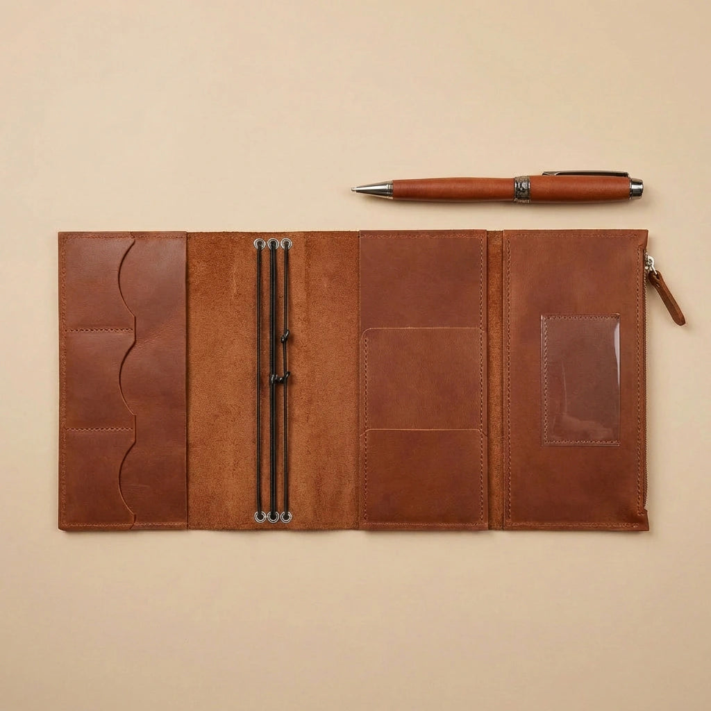 Brown leather journal cover with pen on a beige background
