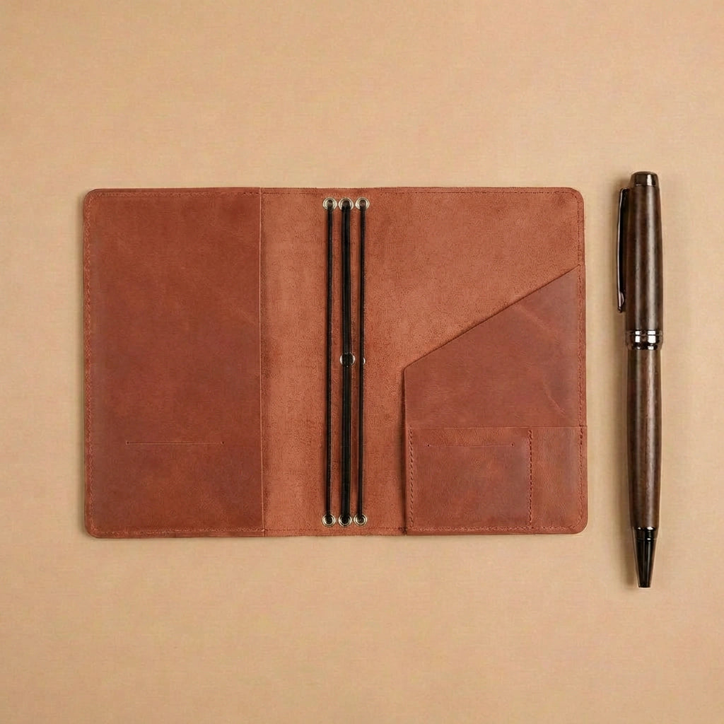 Brown leather notebook with pen holder and a pen on a beige background