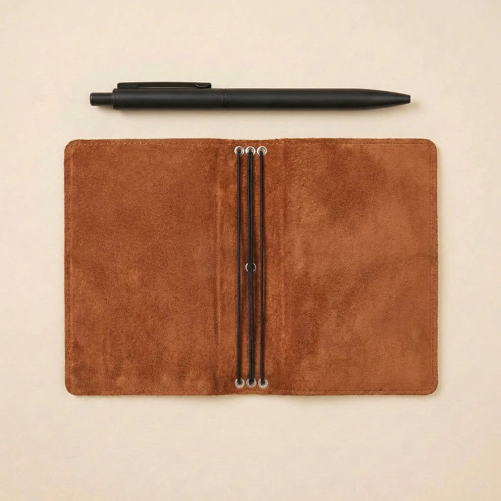 Brown leather notebook with a pen on a beige background
