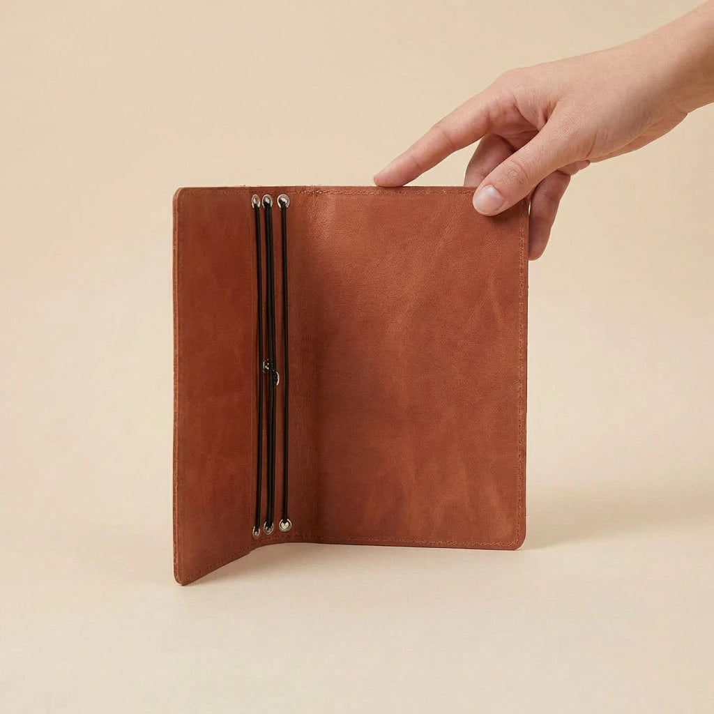 Brown leather journal cover held by a hand on a beige background