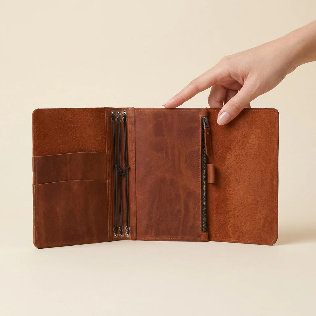 Brown leather journal with zippers held open by a hand on a beige background