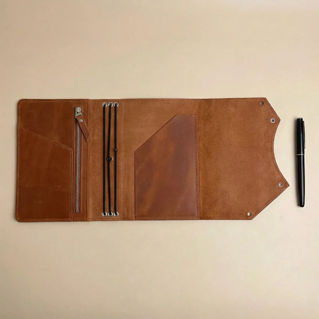 Brown leather journal cover with pen on a beige background