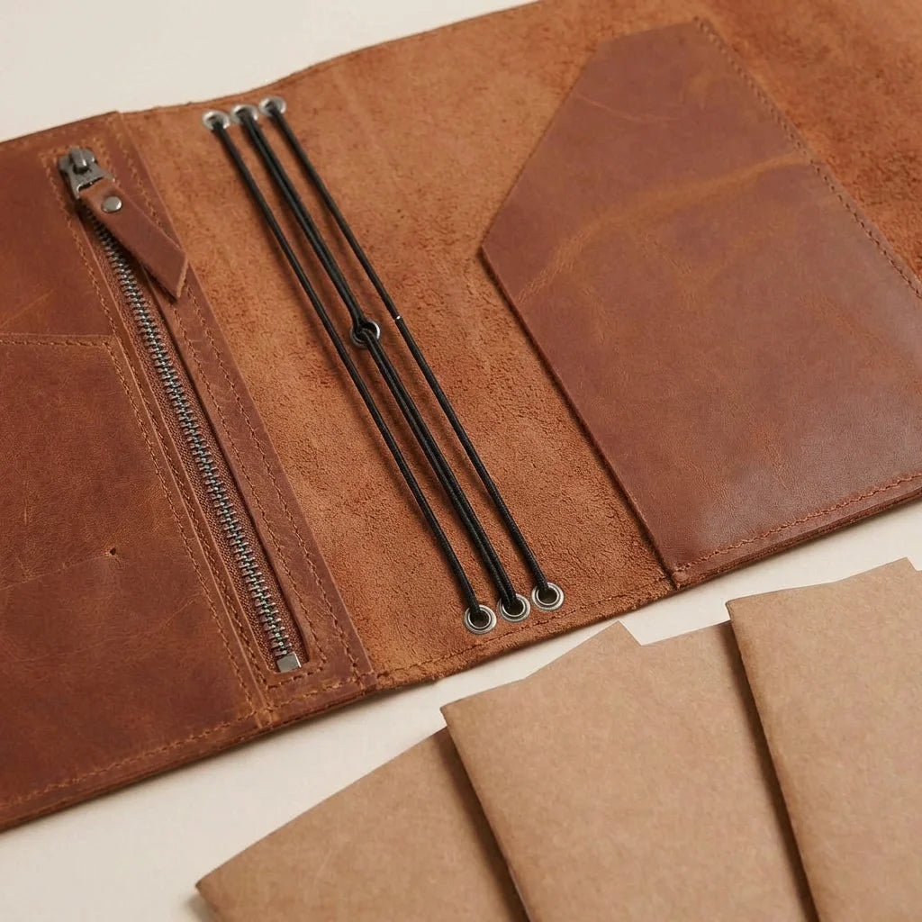 Brown leather journal with zipper and cards on a beige background